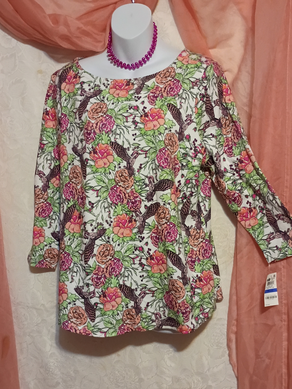 Charter Club Ladies Floral 3/4 Sleeve Tunic - Cream with Pink & Green Sz XLP
